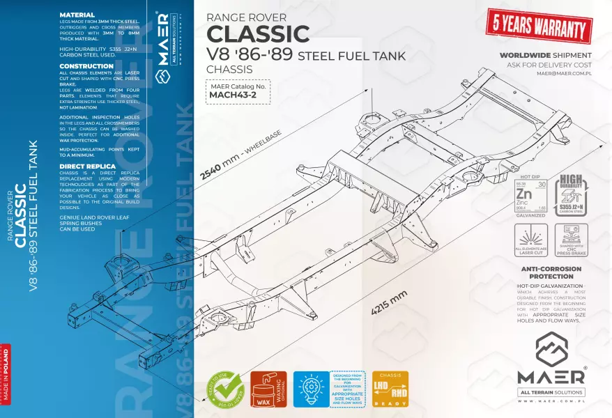Range Rover Classic V8 '86+ steel fuel tank chassis