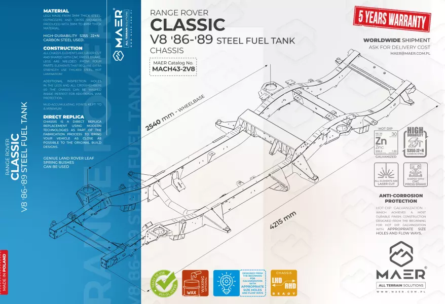 Range Rover Classic V8 '86+ steel fuel tank chassis