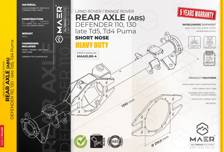 REAR AXLE ABS for Defender 110/130, late Td5 / Td4 Puma - SHORT NOSE