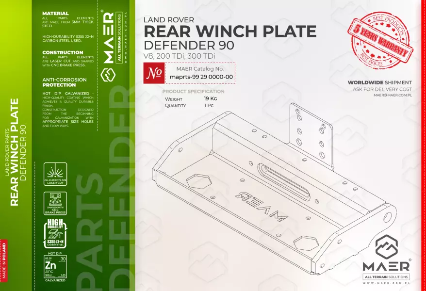 Defender 90 200TDi, 300TDi, V8 rear winch plate