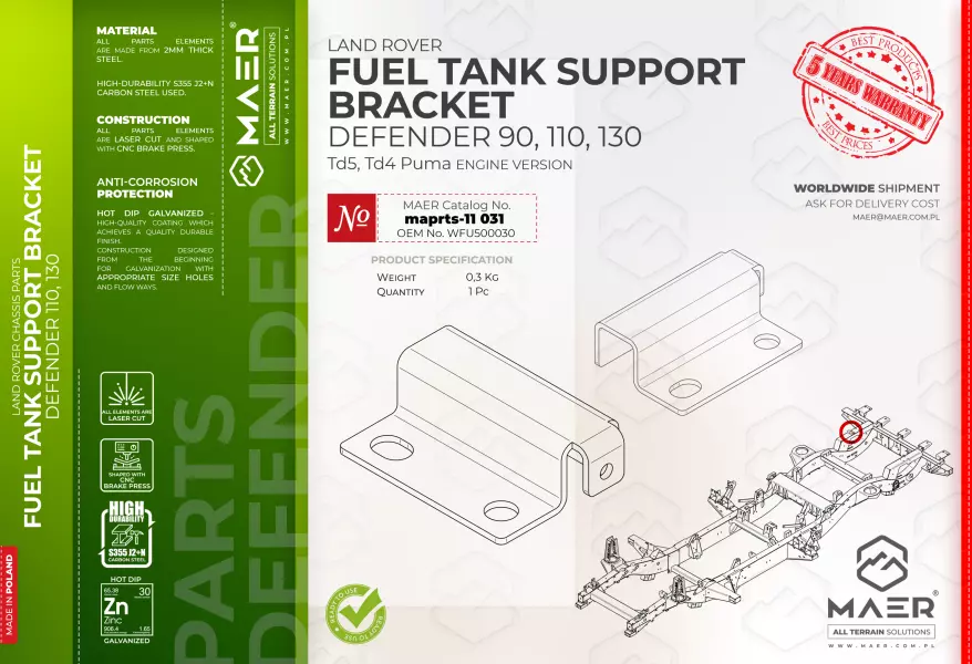 Land Rover DEFENDER 90, 110, 130  Td5, Td4 Puma GALVANISED FUEL TANK SUPPORT BRACKET