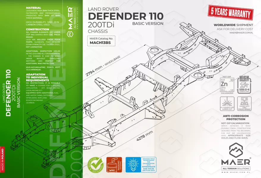 Land Rover DEFENDER 110 200TDi galvanised chassis BASIC