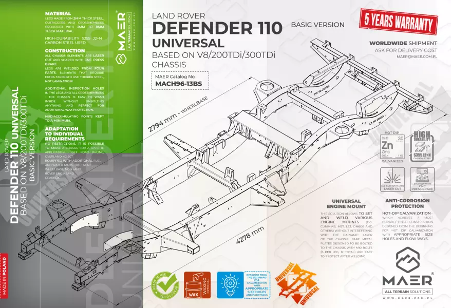 Land Rover DEFENDER 110 UNIVERSAL based on V8/200TDi/300TDi  galvanised chassis BASIC