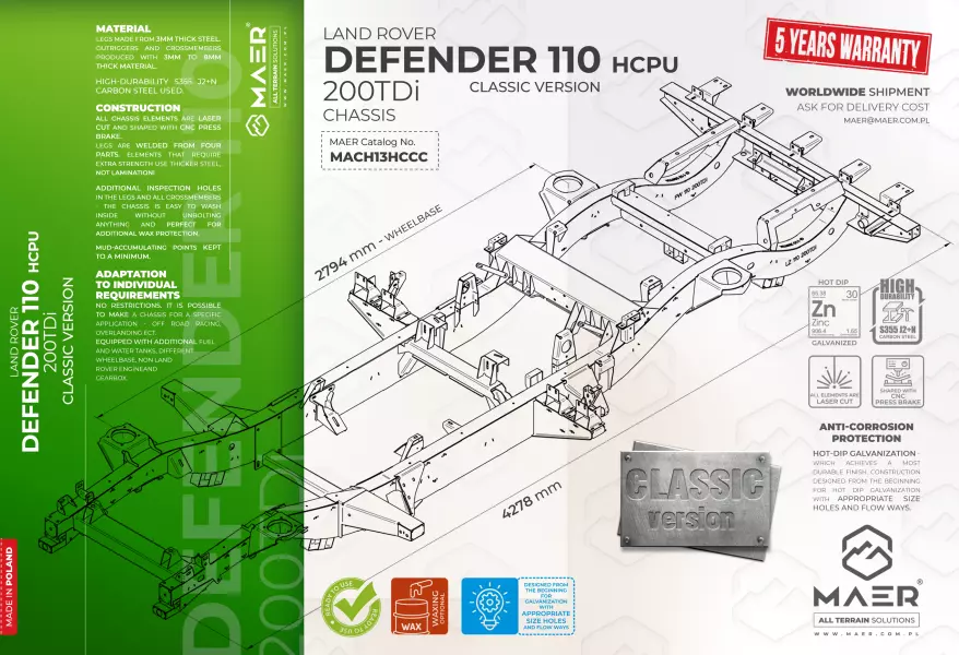 Land Rover DEFENDER 110 200TDi HCPU galvanised chassis CLASSIC