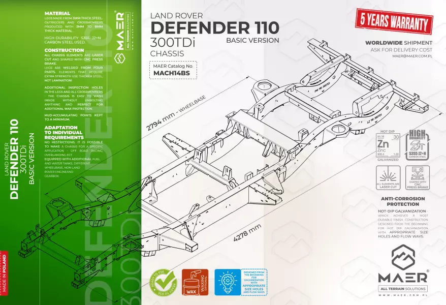 Land Rover DEFENDER 110 300TDi galvanised chassis BASIC