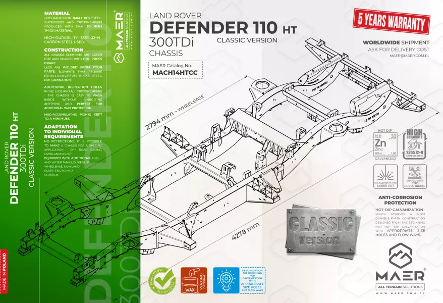 Land Rover DEFENDER 110 300TDi HT galvanised chassis CLASSIC