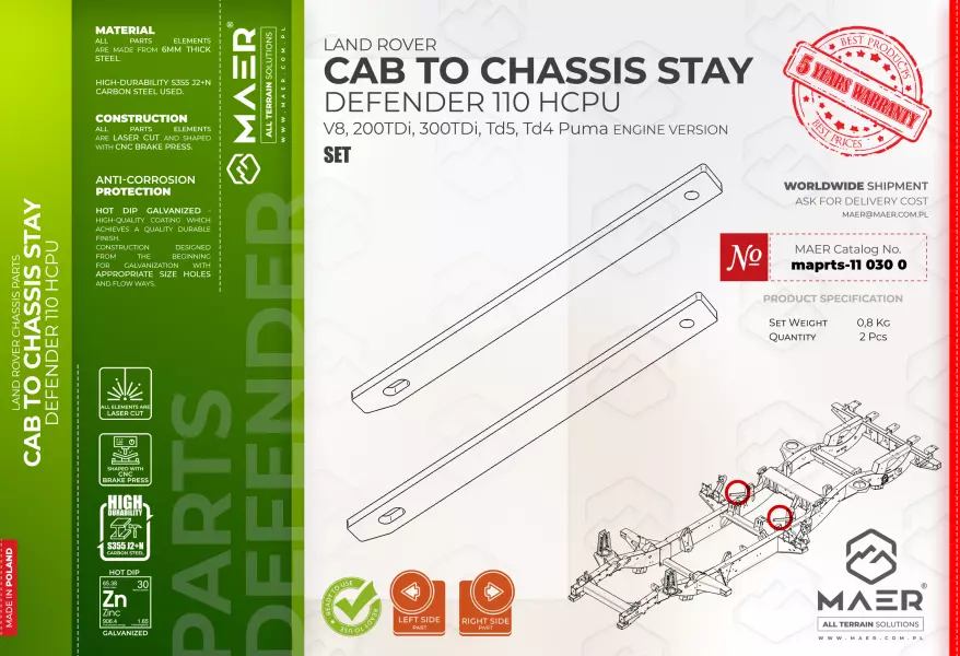 Land Rover DEFENDER 110 HCPU  V8, 200 TDi, 300 TDi, Td5, Td4 Puma GALVANISED CAB TO CHASSIS STAY set