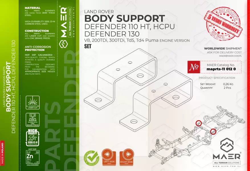 Land Rover DEFENDER 110 HT, HCPU, 130 V8, 200 TDi, 300 TDi, Td5, Td4 Puma GALVANISED BODY SUPPORT set