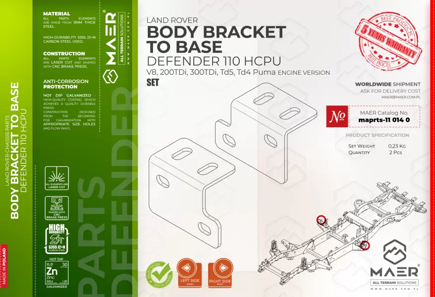 Land Rover DEFENDER 110 HCPU V8, 200 TDi, 300 TDi, Td5, Td4 Puma GALVANISED BODY BRACKET TO BASE set