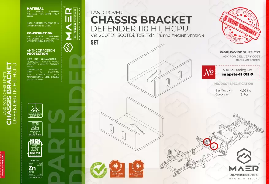 Land Rover DEFENDER 110 HT, 110 HCPU V8, 200 TDi, 300 TDi, Td5, Td4 Puma GALVANISED CHASSIS BRACKET set