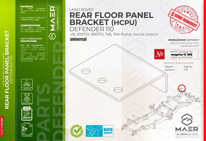 Land Rover Defender 110 V8, 200TDi, 300TDi, Td5, Td4 Puma REAR FLOOR PANEL BRACKET HCPU