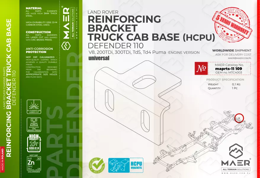 Land Rover Defender 110 V8, 200TDi, 300TDi, Td5, Td4 Puma REINFORCING BRACKET TRUCK CAB BASE HCPU