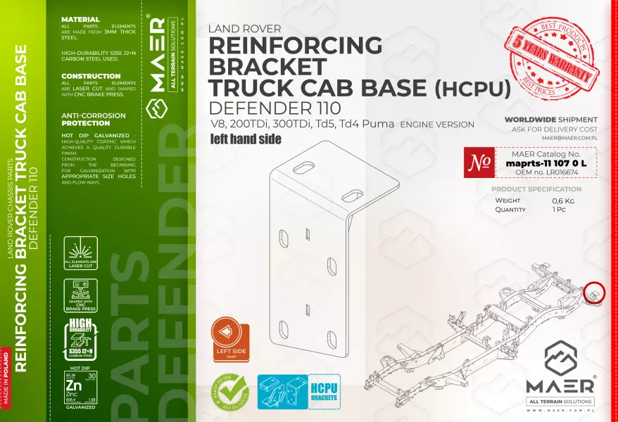 Land Rover Defender 110 V8, 200TDi, 300TDi, Td5, Td4 Puma REINFORCING BRACKET TRUCK CAB BASE HCPU left hand