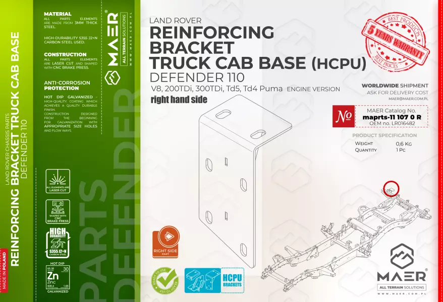 Land Rover Defender 110 V8, 200TDi, 300TDi, Td5, Td4 Puma REINFORCING BRACKET TRUCK CAB BASE HCPU right hand