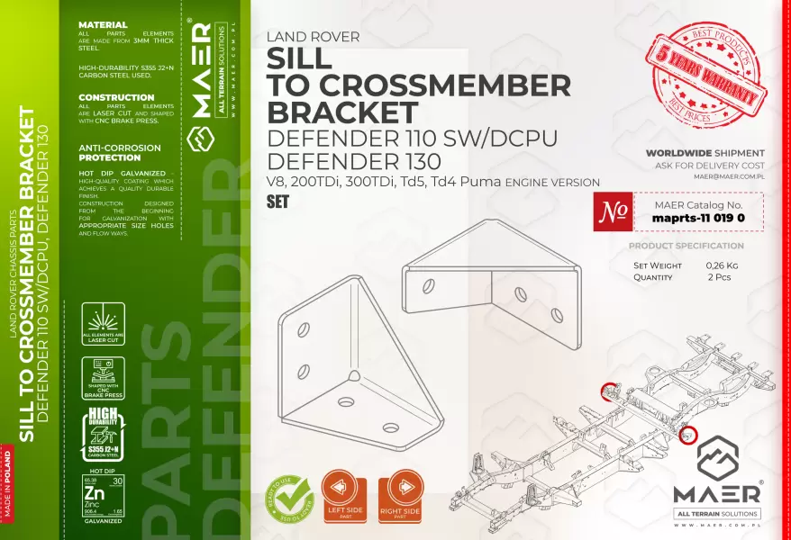 Land Rover DEFENDER 110 SW/DCPU, 130 V8, 200 TDi, 300 TDi, Td5, Td4 Puma GALVANISED SILL TO CROSSMEMBER BRACKET set