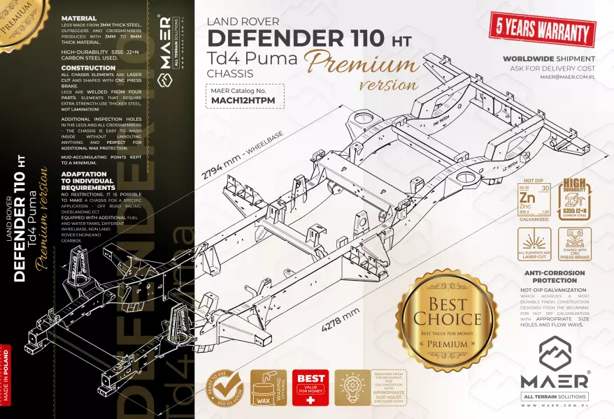 Land Rover DEFENDER 110 Td4 Puma HT galvanised chassis PREMIUM