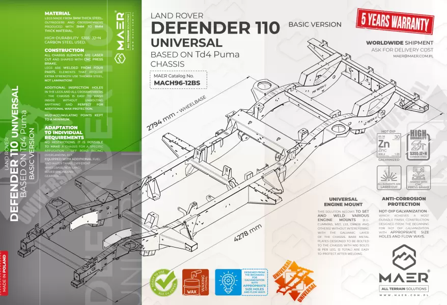 Land Rover DEFENDER 110 UNIVERSAL based on Td5  galvanised chassis BASIC