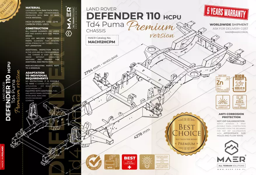 Land Rover DEFENDER 110 Td4 Puma HCPU galvanised chassis PREMIUM