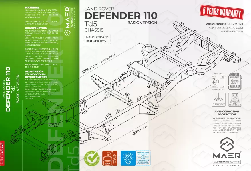 Land Rover DEFENDER 110 Td5 galvanised chassis BASIC