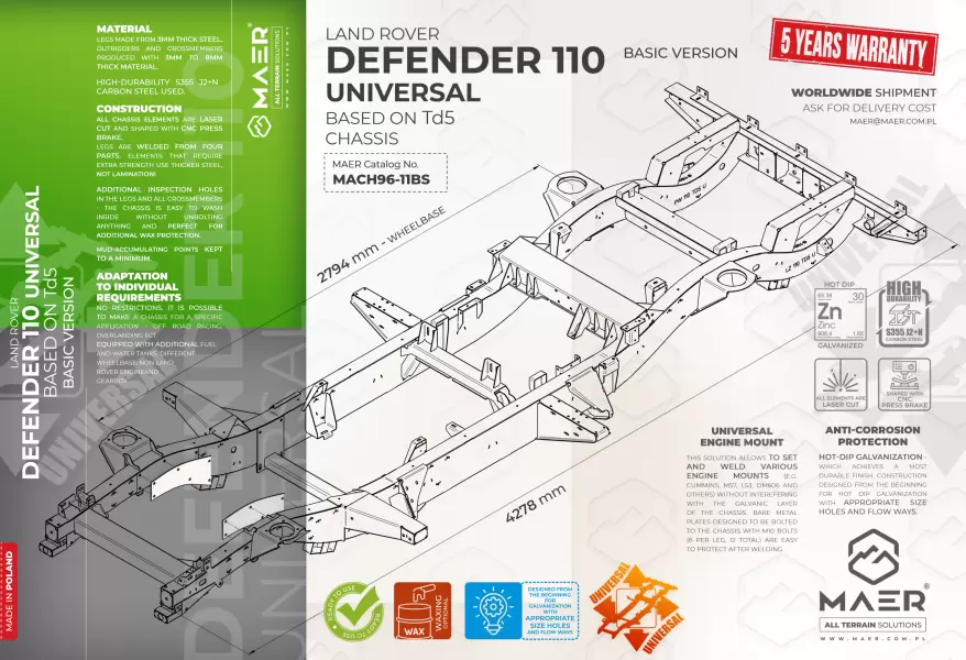 Land Rover DEFENDER 110 UNIVERSAL based on Td5  galvanised chassis BASIC