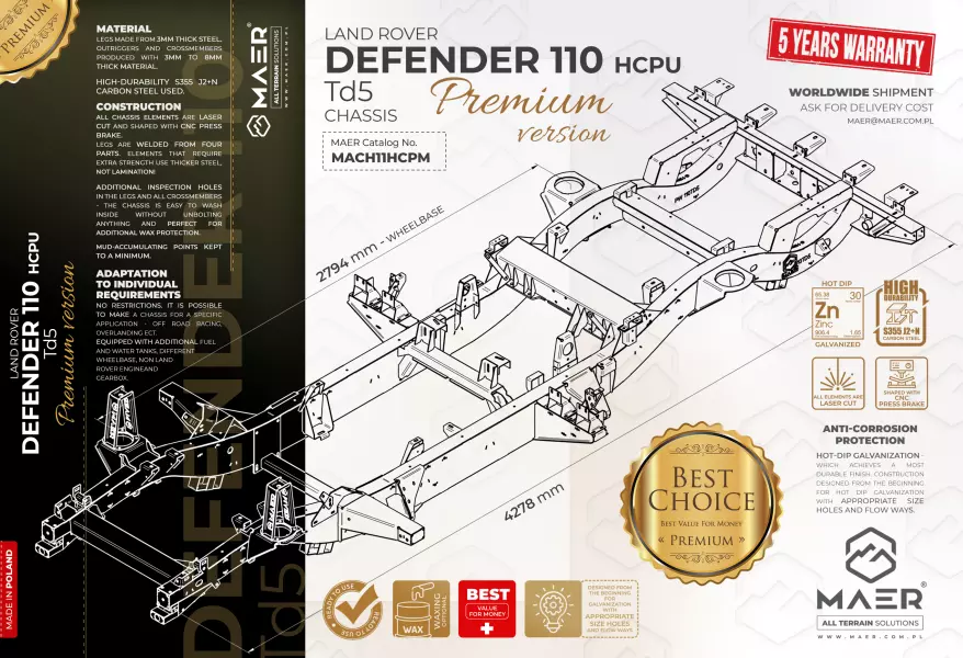 Land Rover DEFENDER 110 Td5 HCPU galvanised chassis PREMIUM