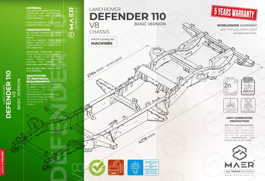 Land Rover DEFENDER 110 V8 galvanised chassis BASIC