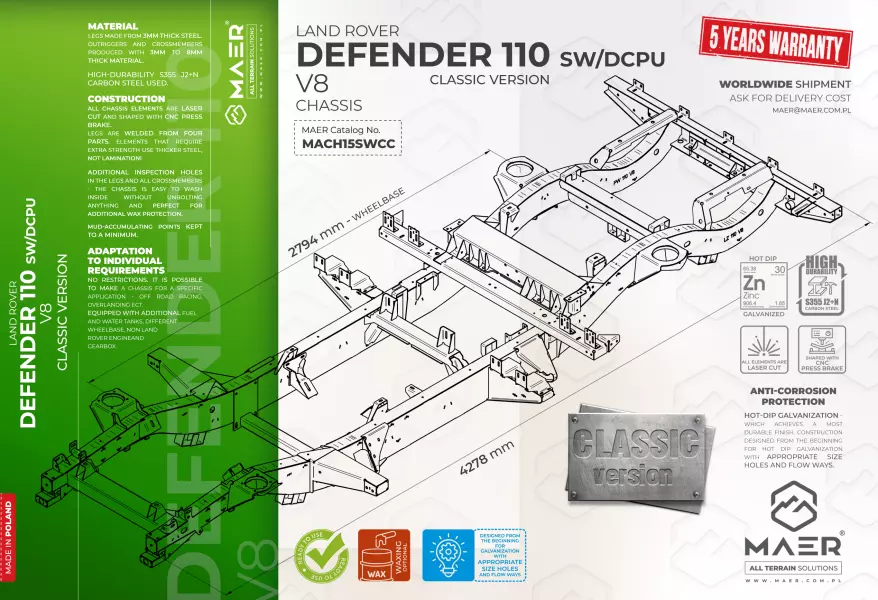 Land Rover DEFENDER 110 V8 SW/DCPU galvanised chassis CLASSIC