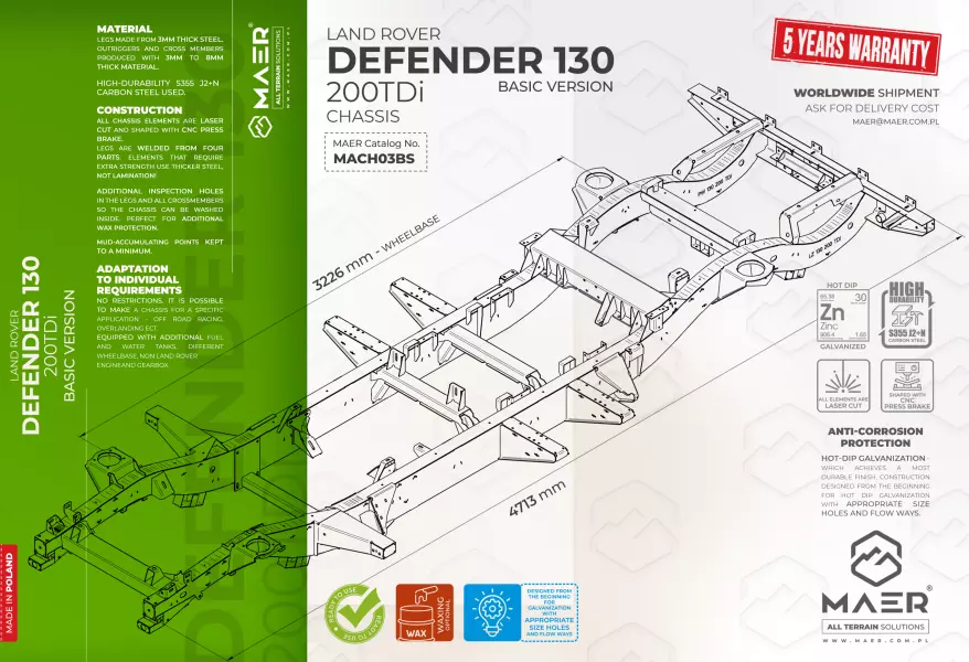 Land Rover DEFENDER 130 200TDi galvanised chassis BASIC