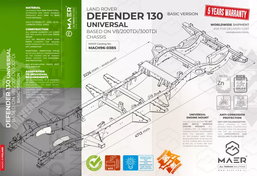 Land Rover DEFENDER 130 UNIVERSAL based on V8/200TDi/300TDi  galvanised chassis BASIC