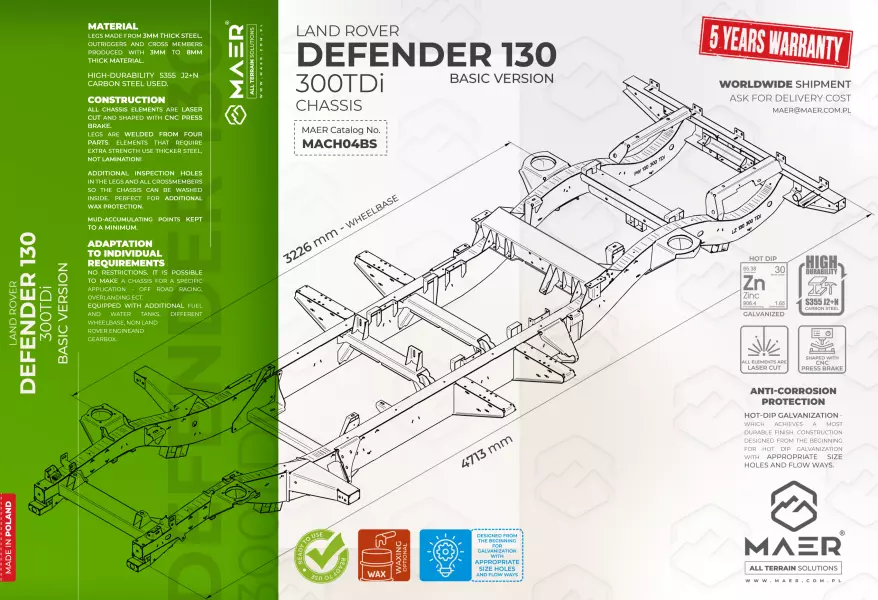 Land Rover DEFENDER 130 300TDi galvanised chassis BASIC