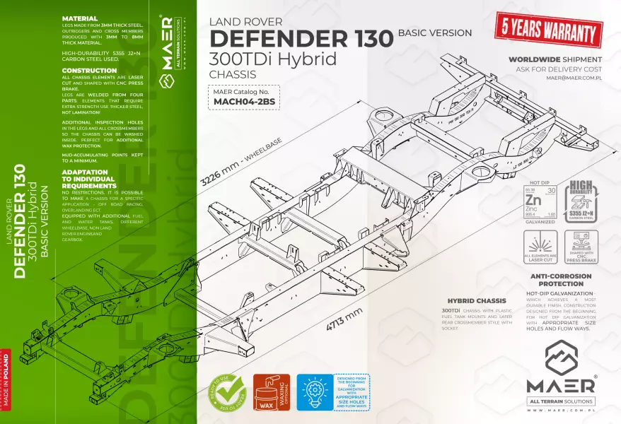 Land Rover DEFENDER 130 300TDi Hybrid galvanised chassis BASIC