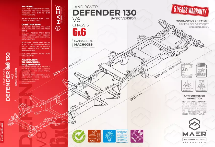 Land Rover DEFENDER 130 6x6 V8 galvanised chassis