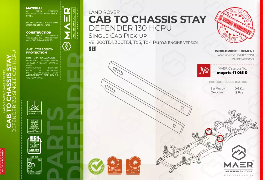 Land Rover DEFENDER 130 HCPU SINGLE CAB PICK-UP V8, 200 TDi, 300 TDi, Td5, Td4 Puma GALVANISED CAB TO CHASSIS STAY set