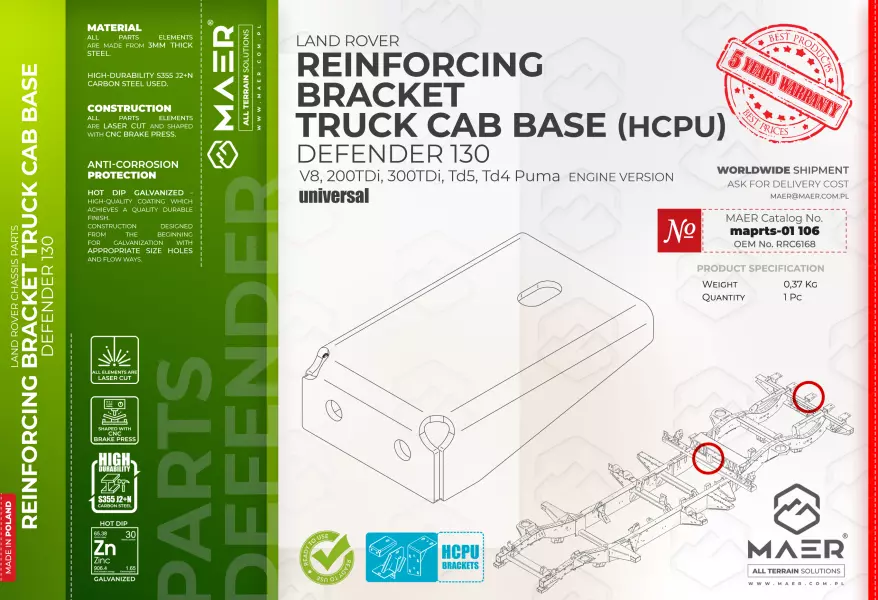 Land Rover Defender 130 V8, 200TDi, 300TDi, Td5, Td4 Puma REINFORCING BRACKET TRUCK CAB BASE HCPU