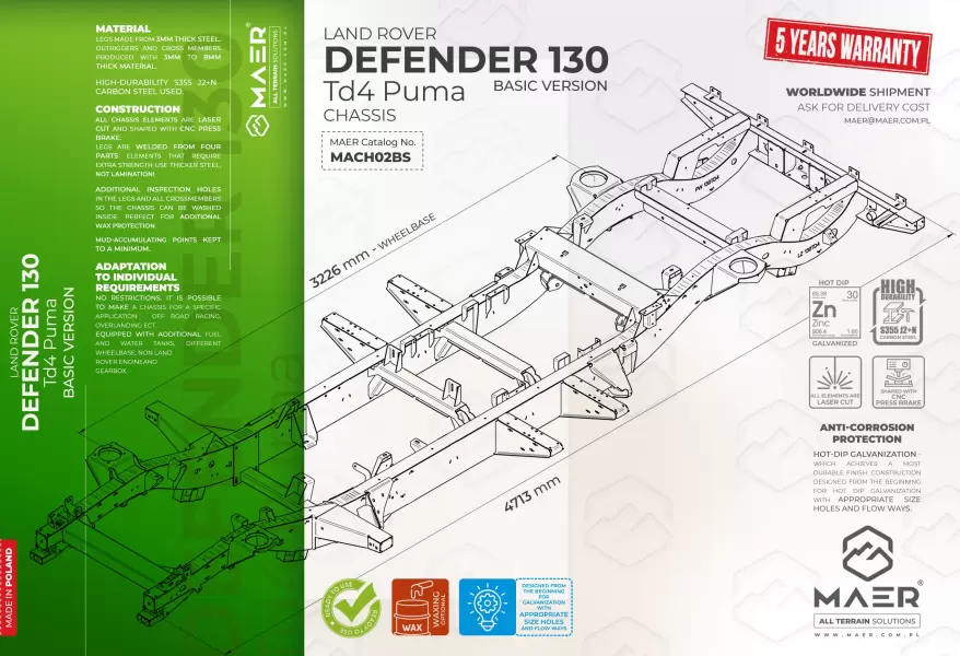 Land Rover DEFENDER 130 TD4 Puma galvanised chassis BASIC