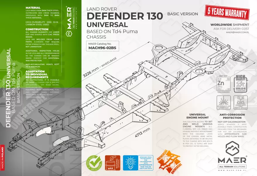 Land Rover DEFENDER 130 UNIVERSAL based on Td4 Puma  galvanised chassis BASIC