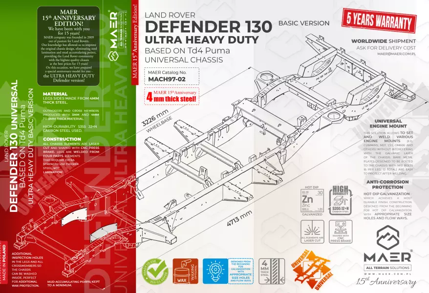 Land Rover DEFENDER 130 UNIVERSAL based on Td4 Puma galvanised chassis ULTRA HEAVY DUTY 