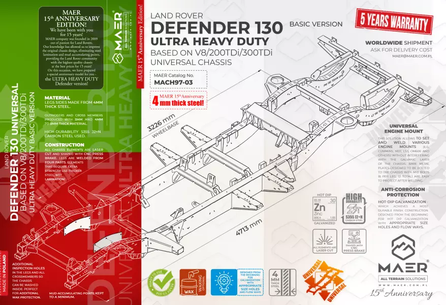 Land Rover DEFENDER 130 UNIVERSAL based on V8/200TDi/300TDi galvanised chassis ULTRA HEAVY DUTY - BASIC