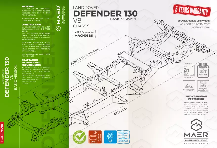 Land Rover DEFENDER 130 V8 galvanised chassis BASIC