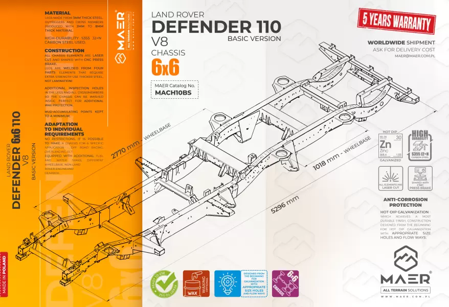 Land Rover DEFENDER 110 6x6 V8 galvanised chassis BASIC