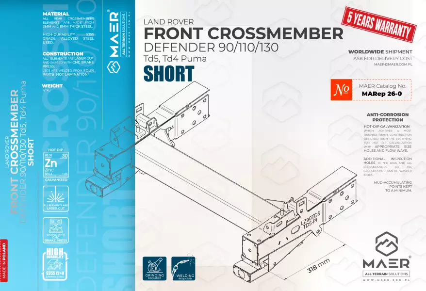 LAND ROVER Defender 90/110/130 Td5 td4 Puma FRONT CROSSMEMBER SHORT