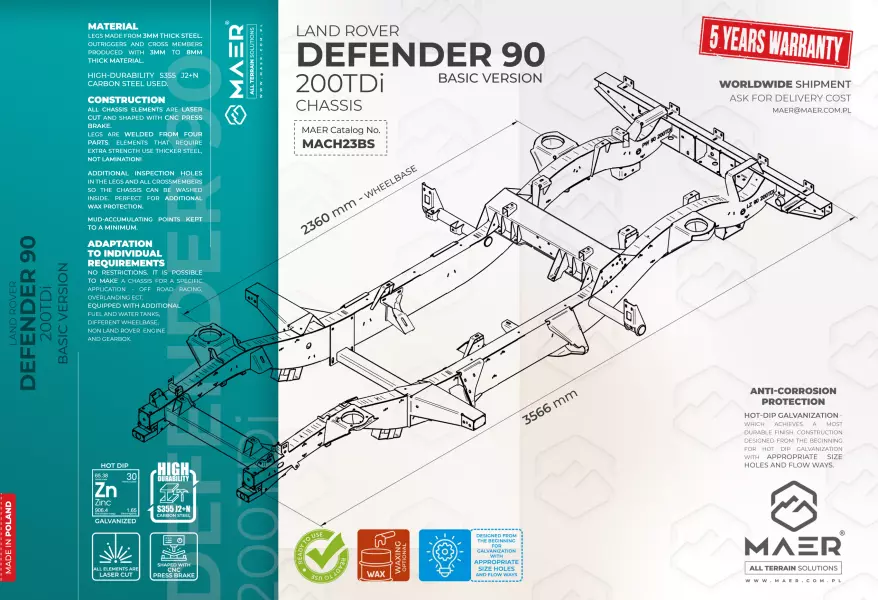 Land Rover DEFENDER 90 200TDi galvanised chassis BASIC