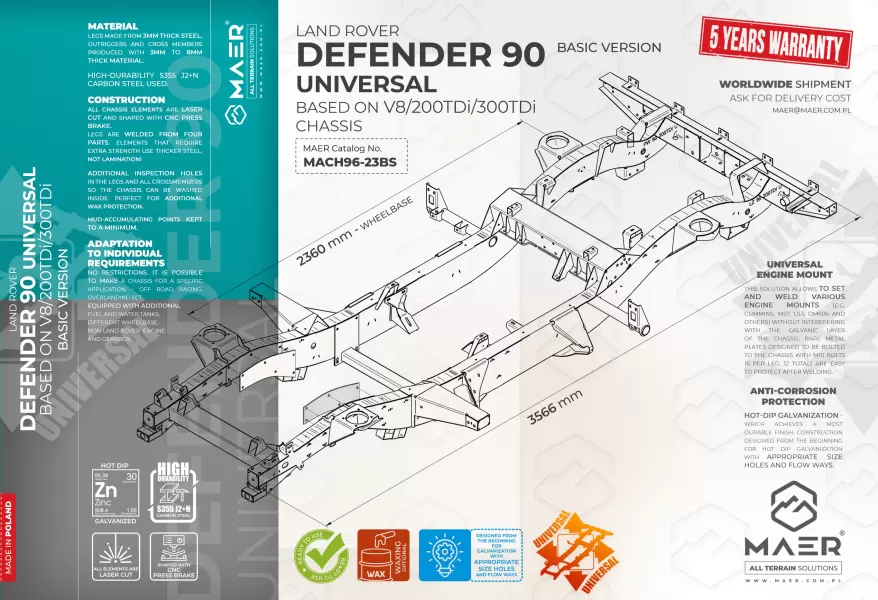 Land Rover DEFENDER 90 UNIVERSAL based on V8/200TDi/300TDi  galvanised chassis BASIC