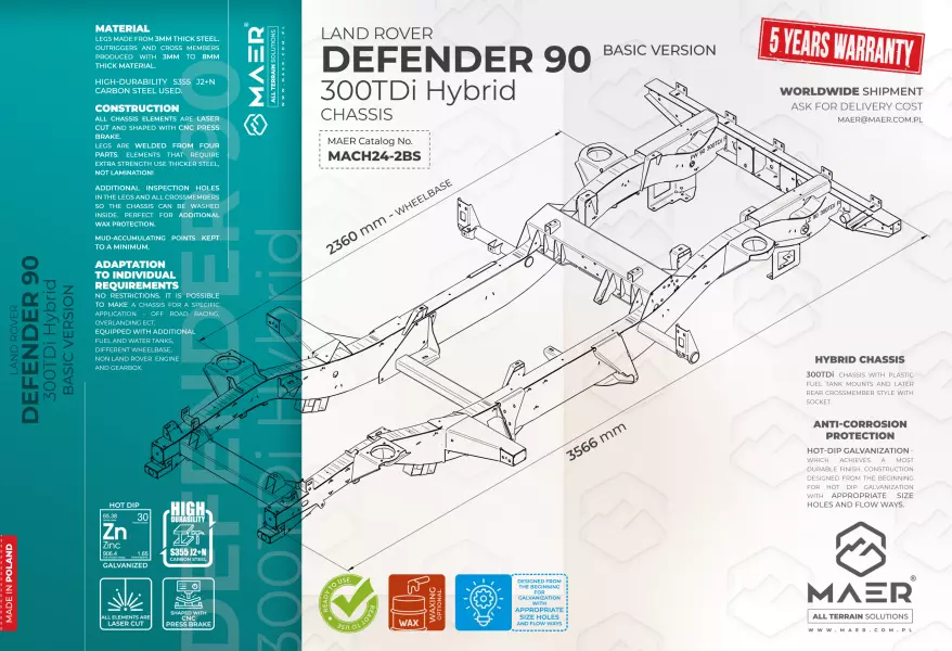 Land Rover DEFENDER 90 300TDi Hybrid galvanised chassis BASIC