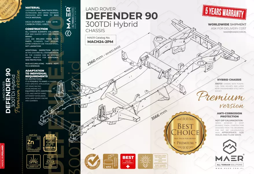 Land Rover DEFENDER 90 300TDi Hybrid galvanised chassis PREMIUM