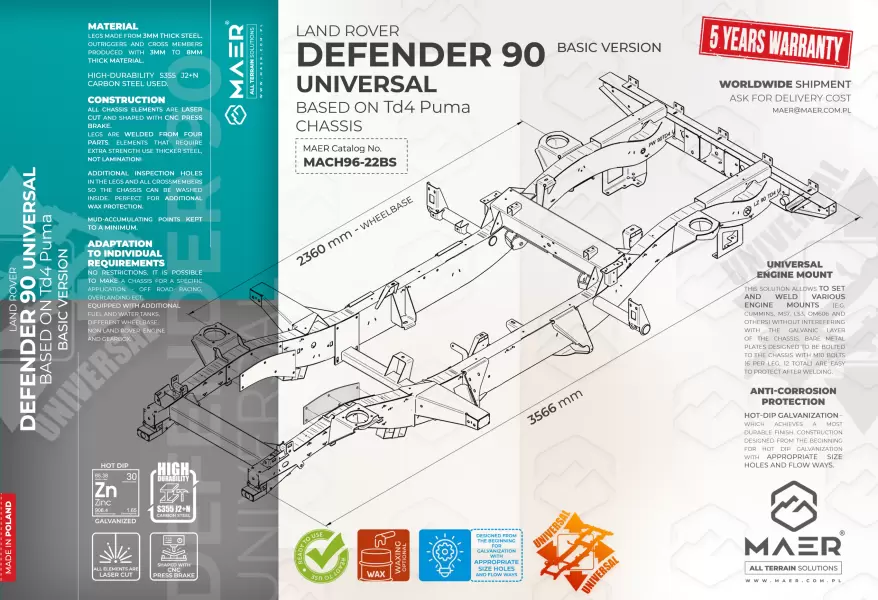 Land Rover DEFENDER 90 UNIVERSAL based on Td4 Puma  galvanised chassis BASIC