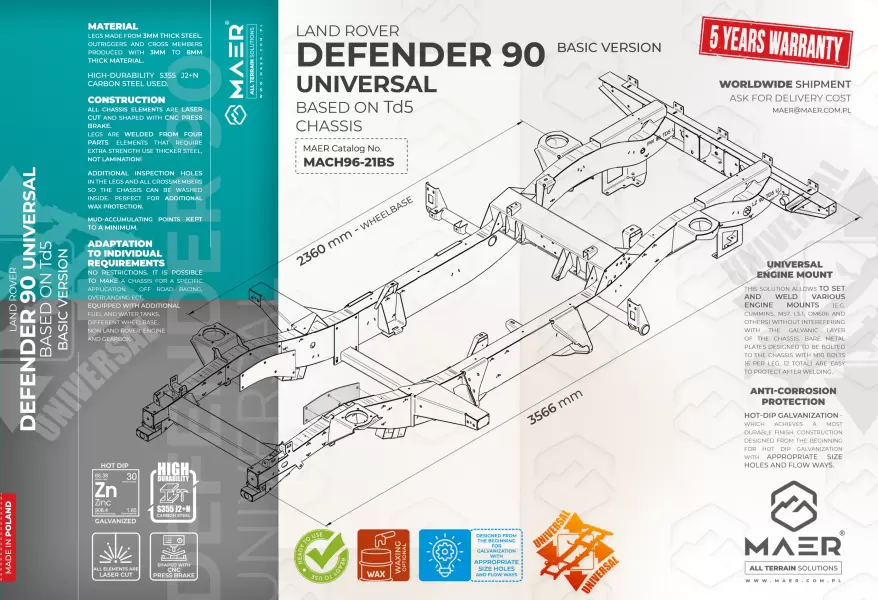 Land Rover DEFENDER 90 UNIVERSAL based on Td5  galvanised chassis BASIC