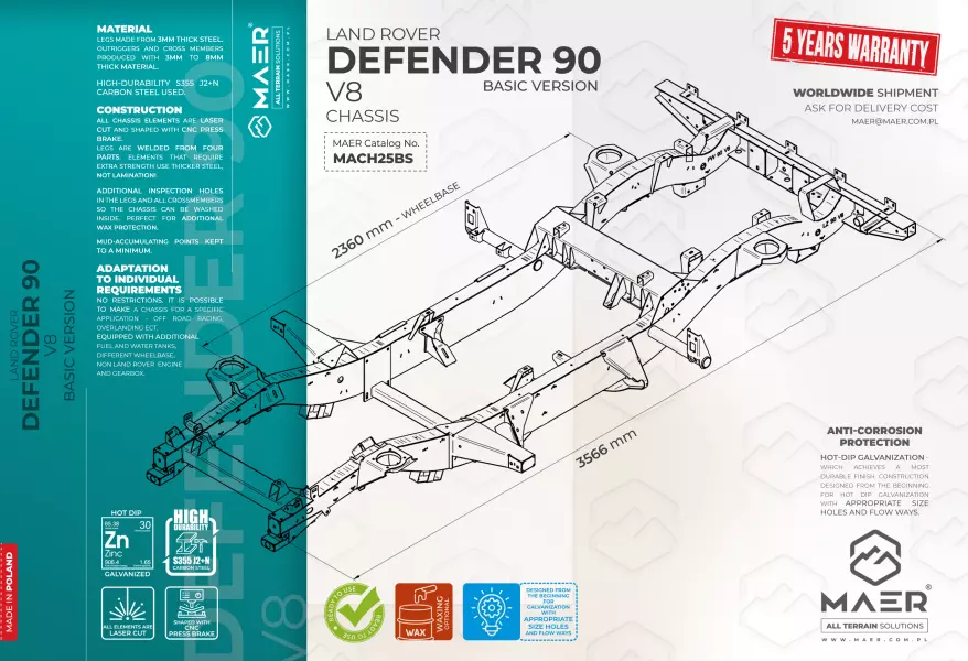 Land Rover DEFENDER 90 V8 galvanised chassis BASIC