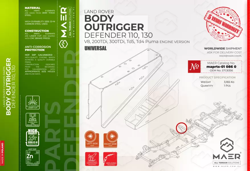 Land Rover DEFENDER 110, 130  V8, 200TDi, 300TDi, Td5, Td4 Puma GALVANISED BODY OUTRIGGER