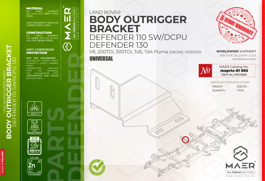 Land Rover DEFENDER 110, 130  V8, 200TDi, 300TDi, Td5, Td4 Puma GALVANISED BODY OUTRIGGER BRACKET station wagon